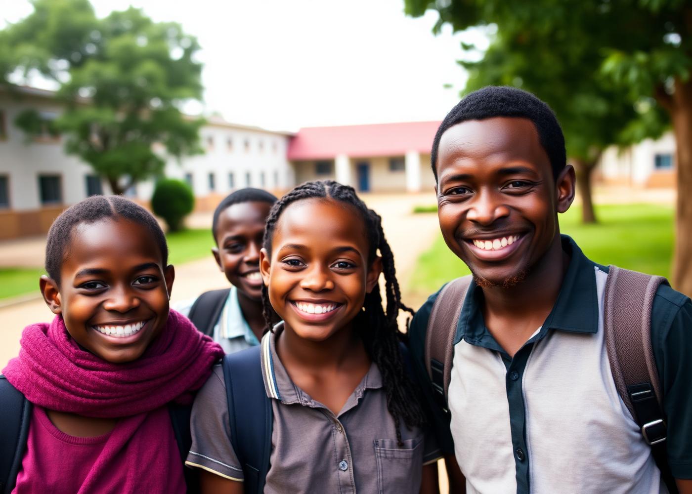 Students and a mentor smiling together at school